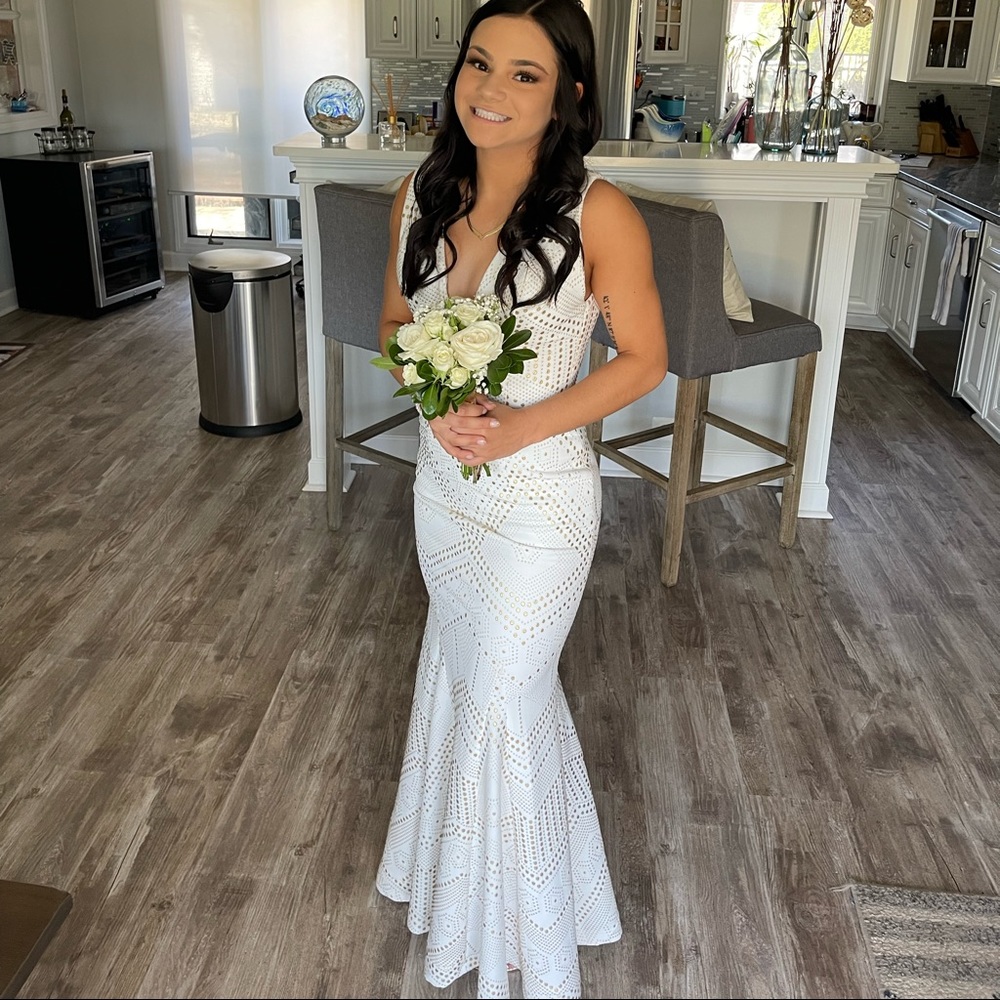 PROM TIME! White and gold full length dress. Beautiful for Prom